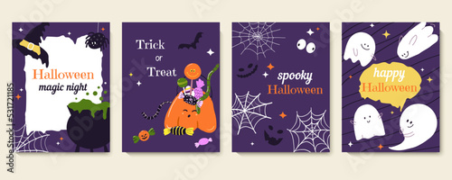 Happy Halloween greeting card design set. Cute spooky postcard templates for holiday magic night with Helloween ghost, spider web, pumpkin with candies. Flat vector illustration for flyer, invitation
