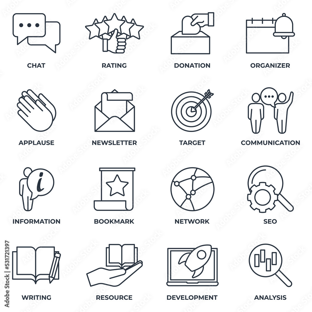 Set of Blogger, blogging icon logo vector illustration. newsletter, target, communication, resource, development, analysis and more pack symbol template for graphic and web design collection