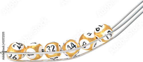 Illustration of gold and white lottery balls with numbers rolling down silver rails