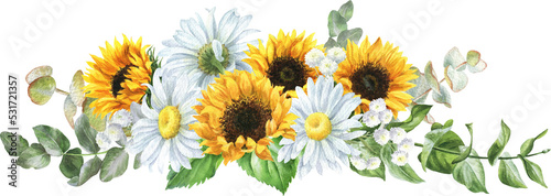 Watercolor floral illustration. Bouquet of sunflowers, chamomile and eucalyptus isolated on white background. 