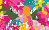  Cute garden flowers and leaves with flamingos colorful pattern. Flamingo birds with botanical elements vector illustration design for fashion, fabric, wallpaper, cards, prints	