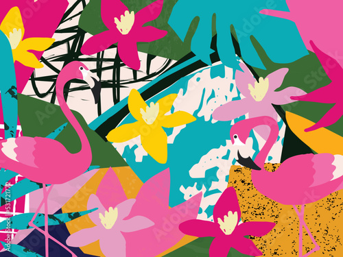  Cute garden flowers and leaves with flamingos colorful pattern. Flamingo birds with botanical elements vector illustration design for fashion, fabric, wallpaper, cards, prints 