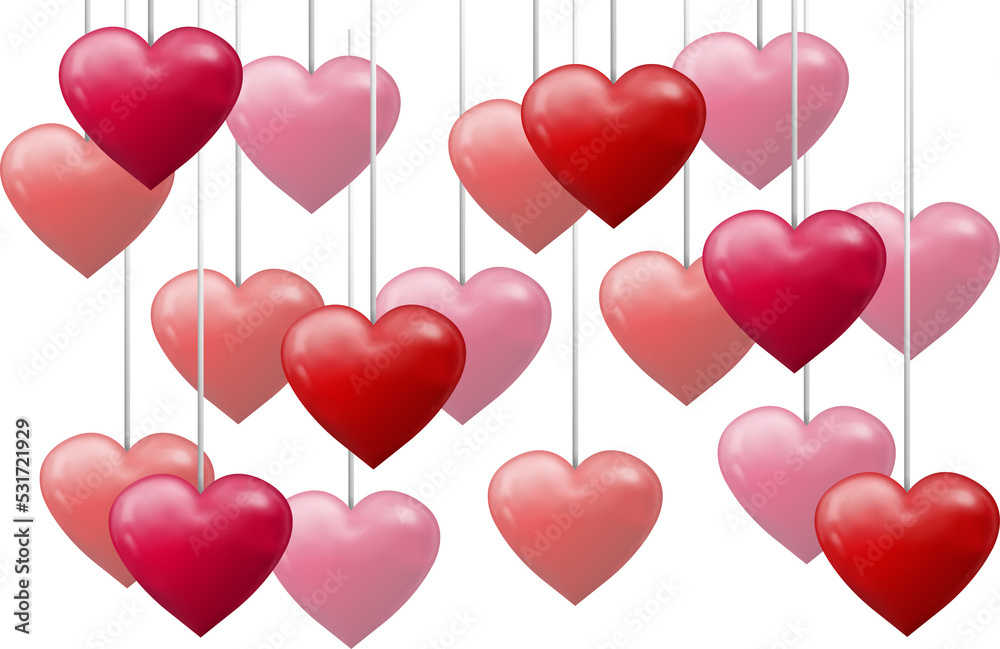 Image of multiple hanging red and pink hearts