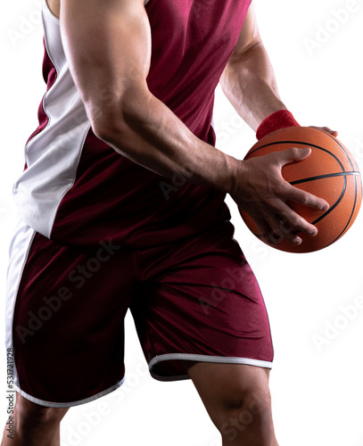 Image of mid section of strong caucasian male basketball player holding basketball