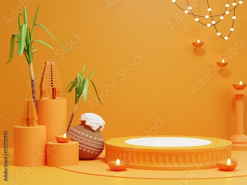 3d render of Happy Pongal Holiday Harvest Festival of Tamil Nadu South India, product display in yellow background photo