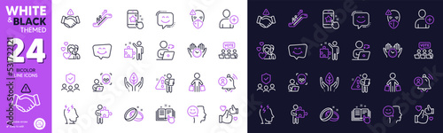 Add user, People insurance and Smile face line icons for website, printing. Collection of Search employee, Stress, Online voting icons. Technical documentation, Dont handshake. Vector