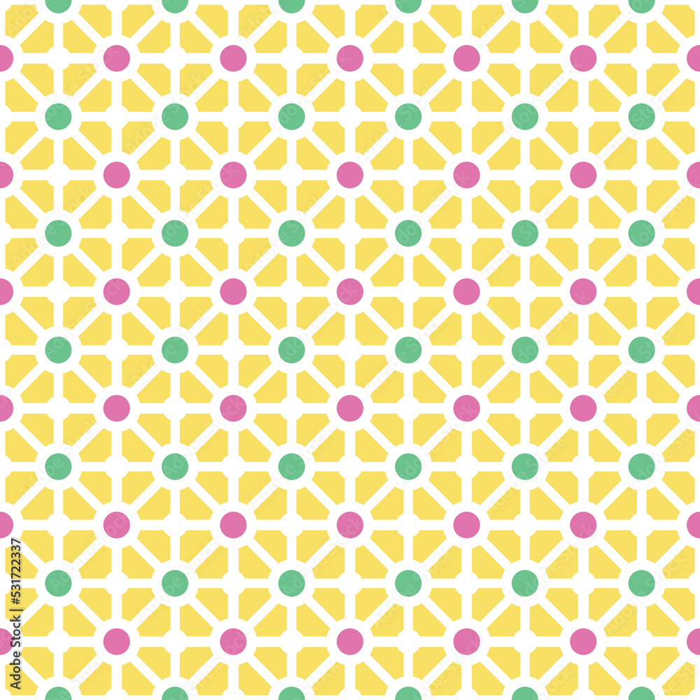 Colorful donut and square pattern on yellow background. Linked diagonal line on square and circle shape. White line with green and pink dot pattern on yellow background. Colorful donut and square pattern on yellow background. Linked diagonal line on square and circle shape. White line with green and pink dot pattern on yellow background.