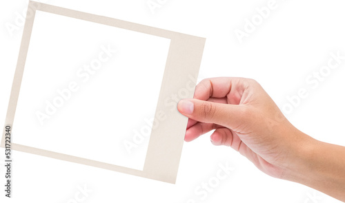 Image of hand of caucasian woman holding white frame with copy space