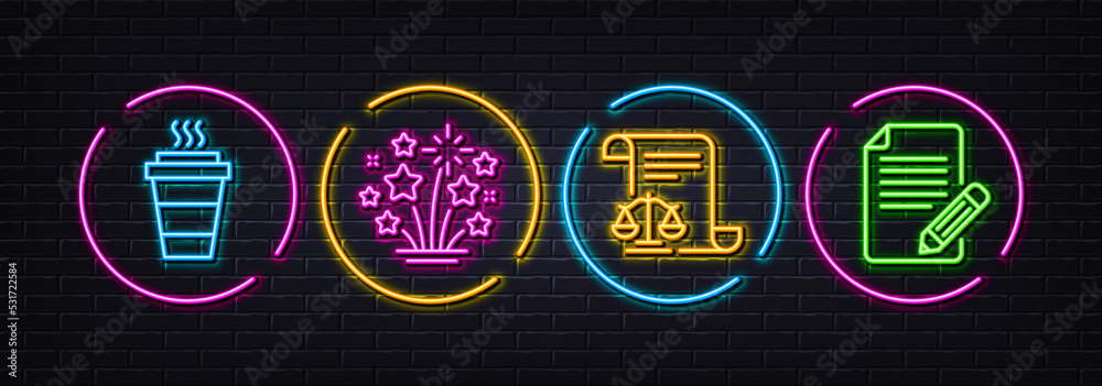 Takeaway, Fireworks stars and Legal documents minimal line icons. Neon laser 3d lights. Article icons. For web, application, printing. Takeout coffee, Pyrotechnic salute, Justice scale. Vector