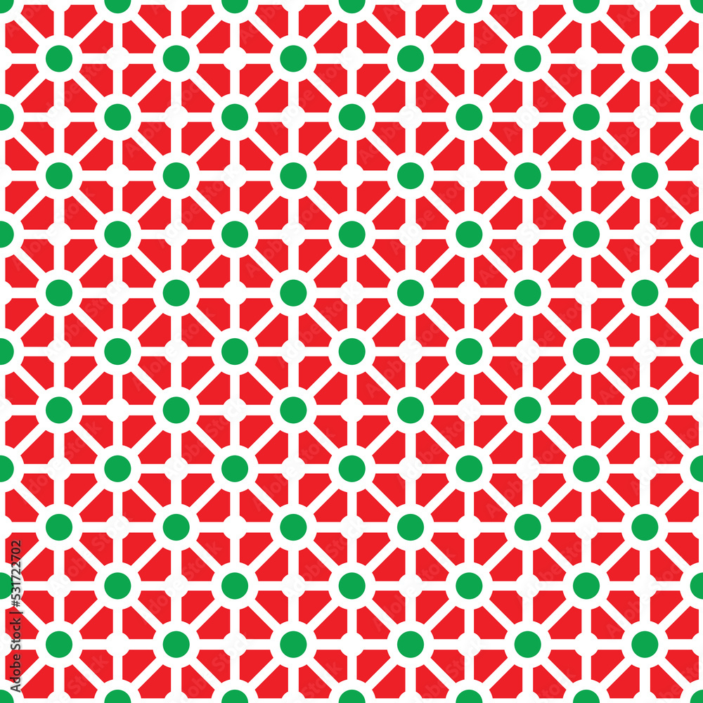 Colorful donut and square pattern on red background. Linked diagonal line on square and circle shape. White line with green dot pattern on red background.