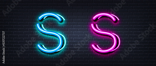 Initial letter S icon. Neon light line effect. Line typography character sign. Large first font letter. Glowing neon light element. Letter S glow 3d line. Brick wall banner. Vector