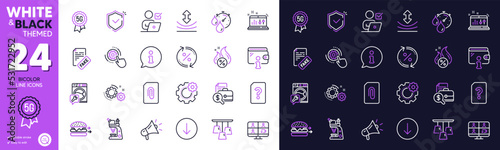 Online voting, Megaphone and Timer line icons for website, printing. Collection of Attachment, Loan percent, Sound check icons. Ceiling lamp, Food delivery, Accounting report web elements. Vector