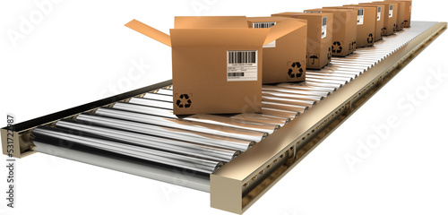 Image of labelled, barcoded carboard boxes on warehouse conveyor belt photo