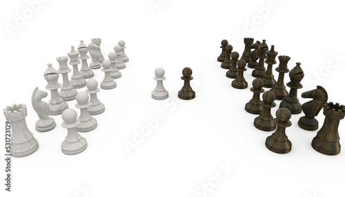 Image of black and white chess pieces, with two pawns opposing