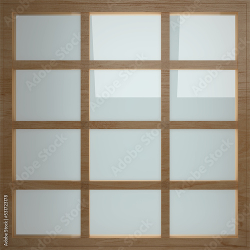 Vertical image of a multi paned window with wooden frame