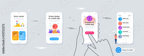 Online quiz, Online chemistry and Quick tips minimal line icons. Phone ui interface. Chemical formula, Organic tested, Capsule pill icons. Vector