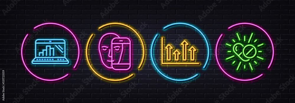 Face biometrics, Graph laptop and Upper arrows minimal line icons. Neon laser 3d lights. Medical drugs icons. For web, application, printing. Vector