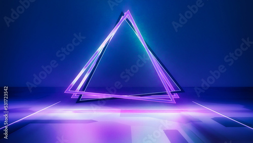 Futuristic Sci-Fi Triangle, Abstract Blue And Purple Neon Light Shapes On Black Background And Reflective Concrete With Empty Space For Text 3D Rendering