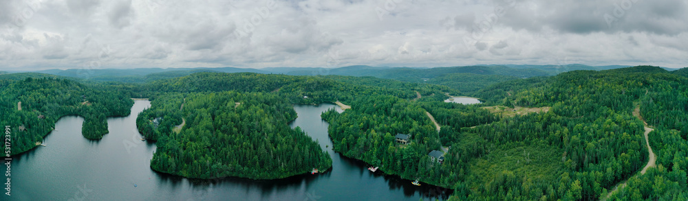 Aerial panorama of northern forest in cottage area of Canada