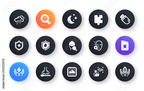 Minimal set of Usb stick, Nasal test and Inspect flat icons for web development. Face declined, Voice wave, Cloud computing icons. Moon, Puzzle, Canister oil web elements. Rainy weather. Vector