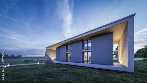 Fototapeta Naklejka Na Ścianę i Meble -  Architecture 3d rendering illustration of modern minimal house with natural landscape and walkway 