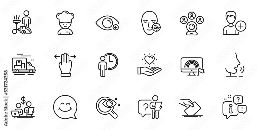 Outline set of Farsightedness, Problem skin and Budget accounting line icons for web application. Talk, information, delivery truck outline icon. Vector