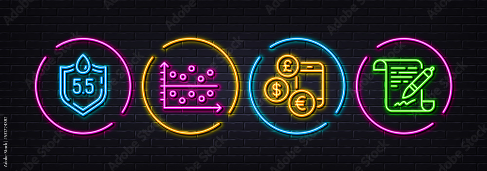 Ph neutral, Dot plot and Currency rate minimal line icons. Neon laser 3d lights. Agreement document icons. For web, application, printing. Water, Presentation graph, Online exchange. Vector Ph neutral, Dot plot and Currency rate minimal line icons. Neon laser 3d lights. Agreement document icons. For web, application, printing. Water, Presentation graph, Online exchange. Vector