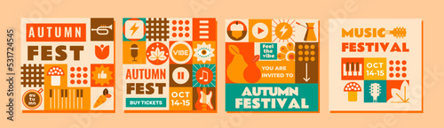 A set of 4 autumn festival templates.
Flat design in mosaic style with various autumn and musical elements. This design is perfect for your fall project! 
Set of editable templates for social media
