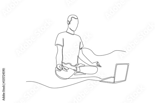 Single one line drawing Man having yoga course online via laptop at home. Virtually concept. Continuous line draw design graphic vector illustration.