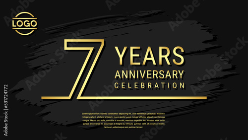 7 years anniversary celebration, anniversary celebration template design with gold color isolated on black brush background. vector template illustration