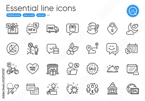 Love night, Smile face and Creative idea line icons. Collection of Travel loan, Discounts calendar, Journey icons. Buying process, Miss you, Honeymoon travel web elements. Ice cream. Vector