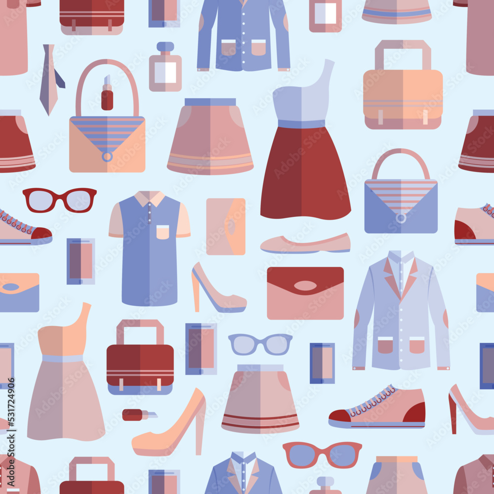 Male and female fashion stylish casual shopping accessory seamless pattern vector illustration