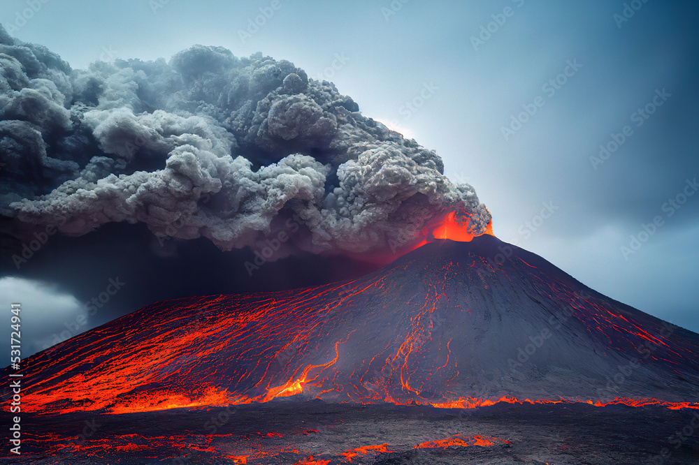 Erupting Volcano with Pyroclastic Flow and Lava Flowing Downhill the Mountain