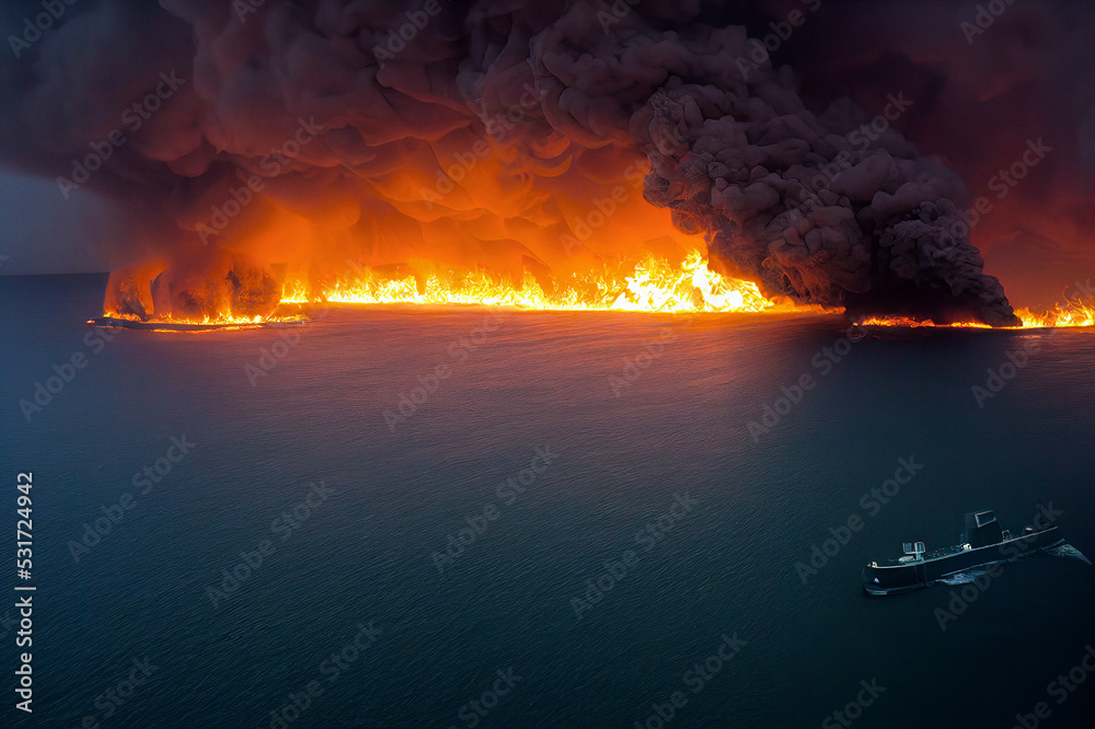 Burning Oil Spill, Huge Fire and Thick And Dense Smoke over an Oil