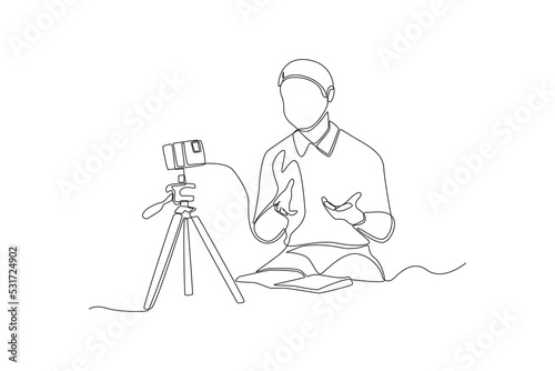 Single one line drawing young boy sharing experience by smartphone. Virtually concept. Continuous line draw design graphic vector illustration.