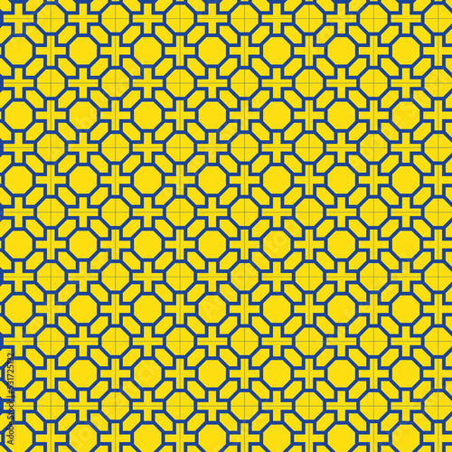 Blue interlaced pattern on yellowe background. Blue interlocking pattern on yellow backdrop.