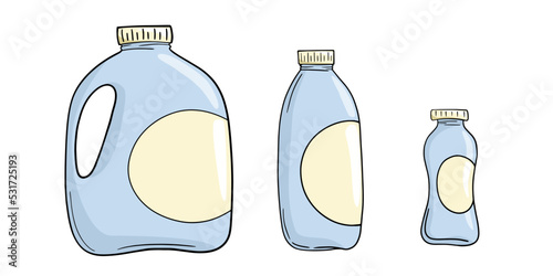 A set of illustrations, various light plastic containers with milk, a milk bottle, vector cartoon