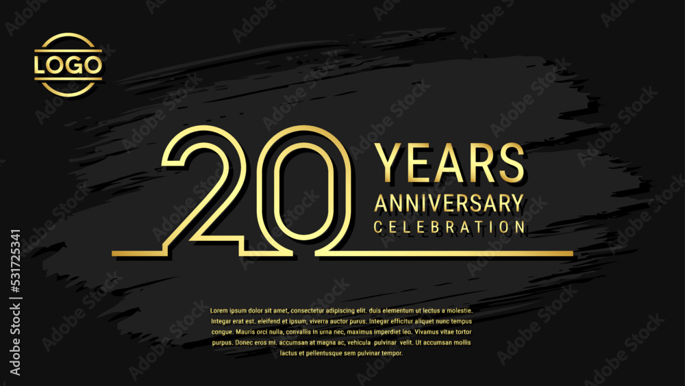 20 years anniversary celebration, anniversary celebration template design with gold color isolated on black brush background. vector template illustration
