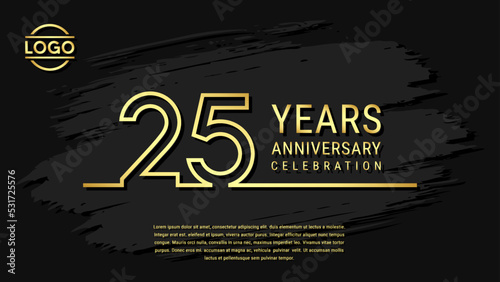 25 years anniversary celebration, anniversary celebration template design with gold color isolated on black brush background. vector template illustration