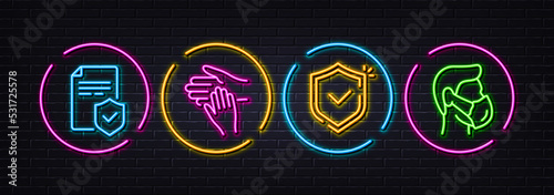 Insurance policy, Volunteer and Shield minimal line icons. Neon laser 3d lights. Medical mask icons. For web, application, printing. Coverage document, Social care, Safe secure. Respirator. Vector