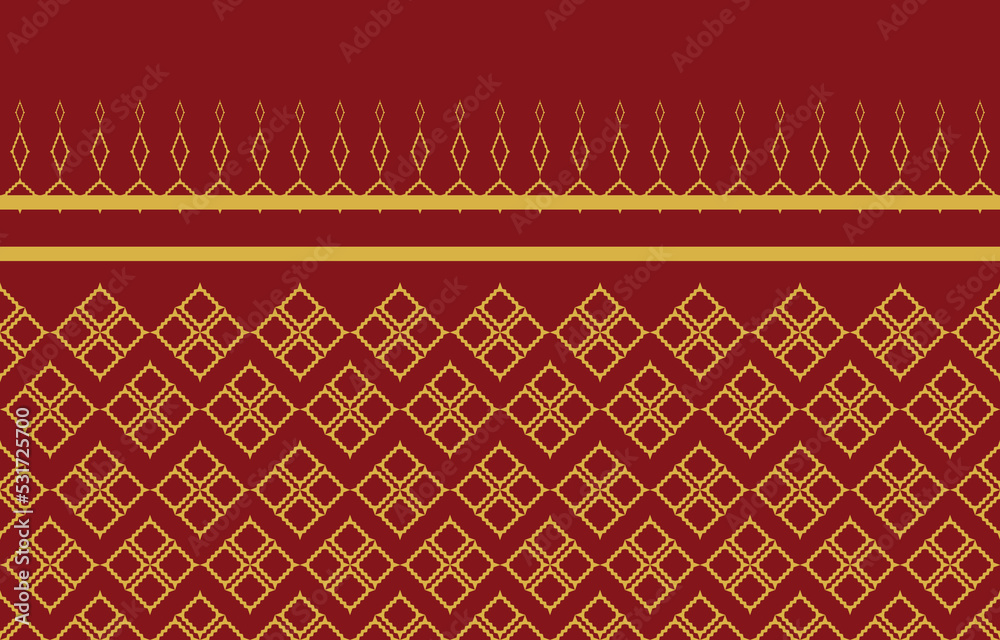 Thai art in gold color pattern on red background. Thai golden geometrical pattern on red background. Original Thai style wallpaper.