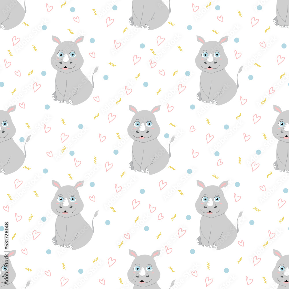 Vector seamless pattern with cute rhino. Colorful kids background. Vector illustration