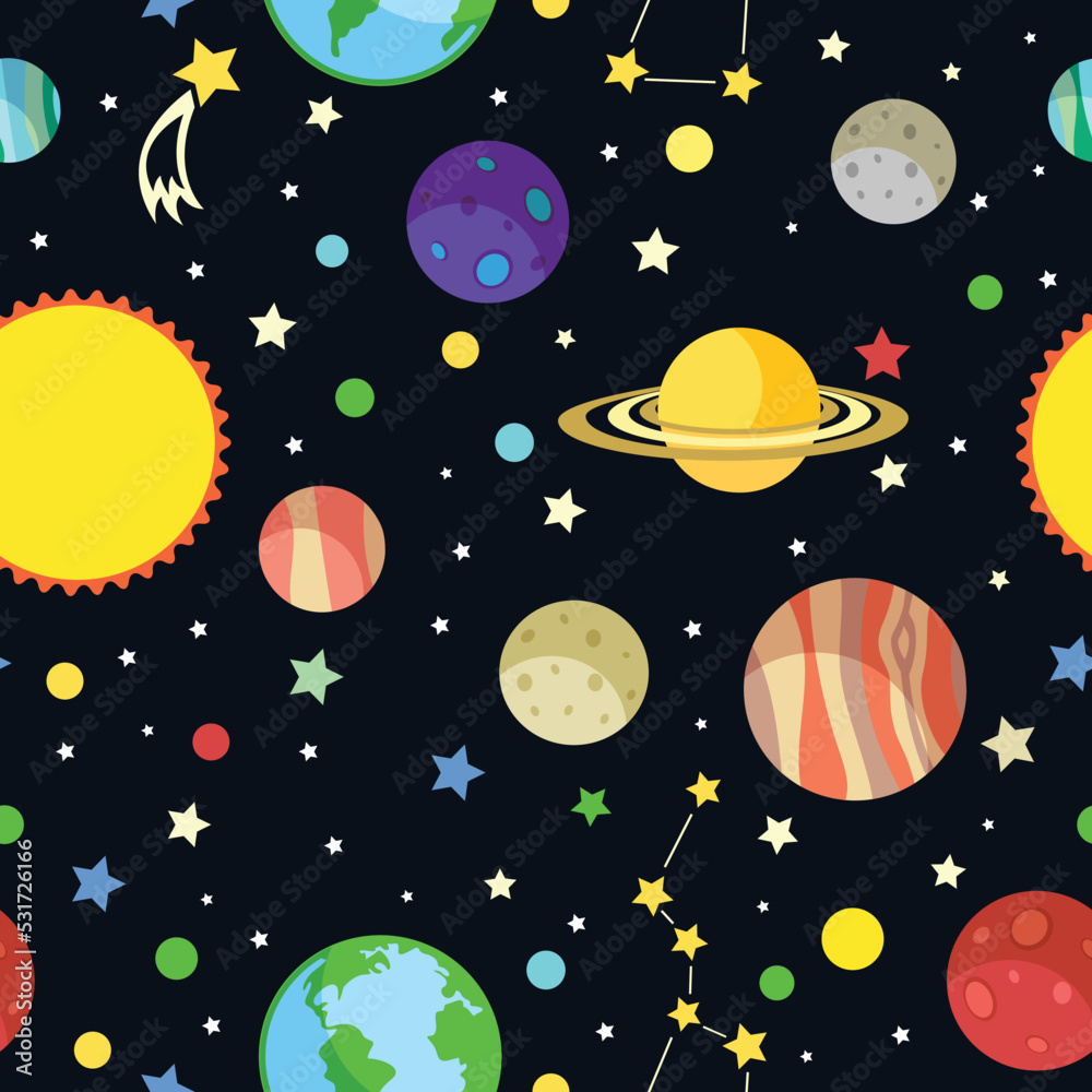 Space seamless pattern with planets stars comets and constellations on dark background vector illustration