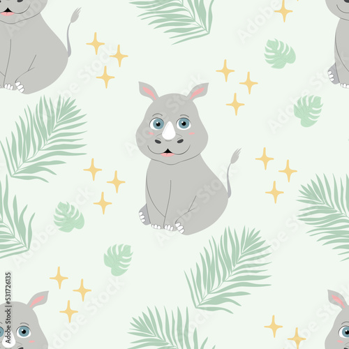 Pattern seamless background baby rhino. Cute rhinoceros print for kids. Vector illustration