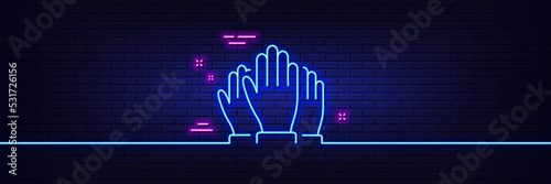 Neon light glow effect. Vote hands line icon. Election voting sign. Volunteers or referendum symbol. 3d line neon glow icon. Brick wall banner. Vote outline. Vector