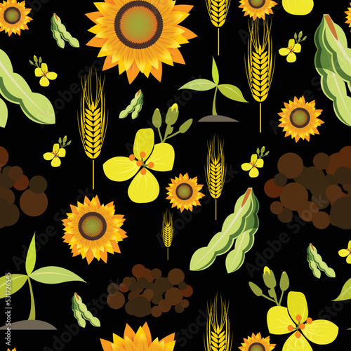 Agriculture farming organic food plant wheat sunflower seamless pattern vector illustration