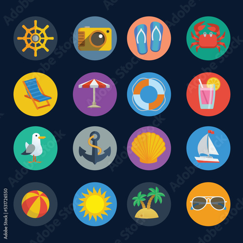 Summer sea holidays icons with anchor seagull yacht seashell sun ball palm isolated vector illustration
