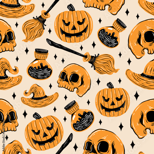 Hand drawn illustrations halloween pattern seamless