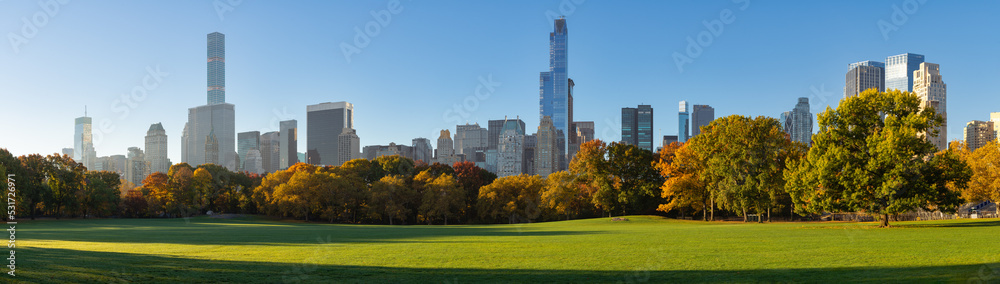 Fototapeta premium New York City view of Central Park Sheep Meadow in Fall. Panoramic morning view of the Midtown Manhattan Billionaires' Row skyscrapers