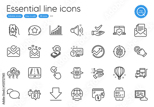 Laptop insurance, Augmented reality and Cashback line icons. Collection of Gps, Graph chart, Food delivery icons. Work home, Checkbox, Photo cloud web elements. Fingerprint, Like, Audit. Vector
